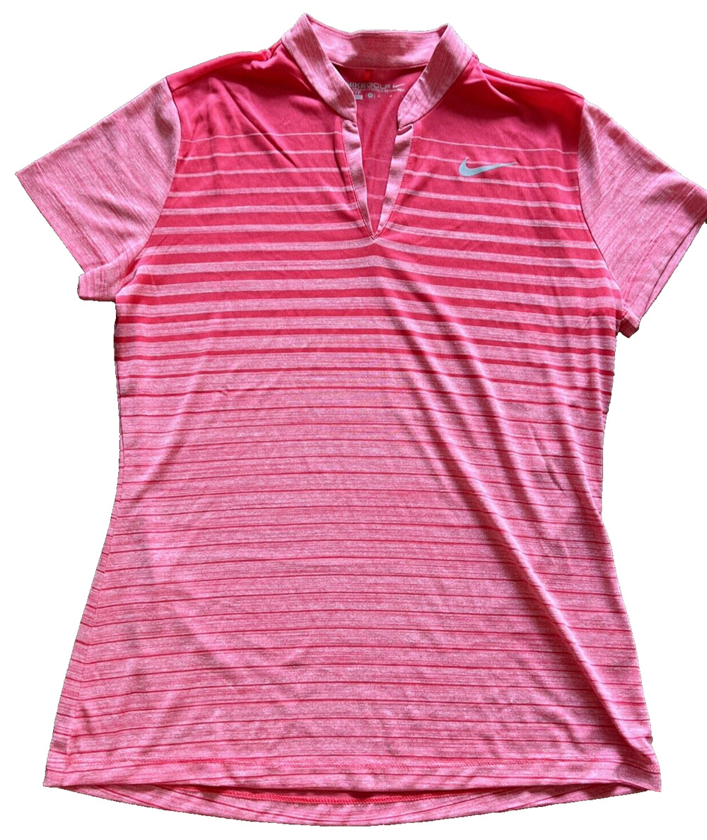 Nike DRI FIT Zonal Cooling Golf Polo V Neck Coral Stripe Blade Collar SZ Medium